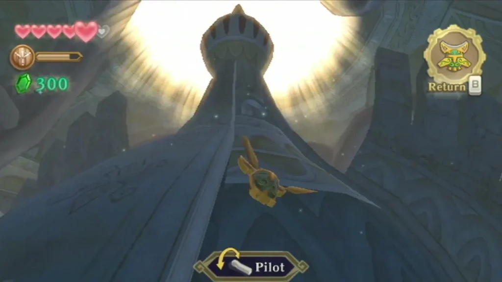 The Beetle flies up the side of a tall stone structure toward a bright light at its top. The Beetle flies up the side of a tall stone structure toward a bright light at its top.