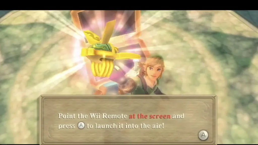 The Beetle hovers before Link as the box says to point the Wii Remote at the screen and press A to launch. The Beetle hovers before Link as the box says to point the Wii Remote at the screen and press A to launch.