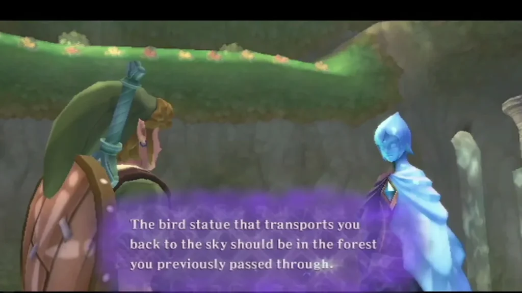 A spirit maiden tells Link the bird statue that carries him back to the sky lies in the forest he passed. A spirit maiden tells Link the bird statue that carries him back to the sky lies in the forest he passed.