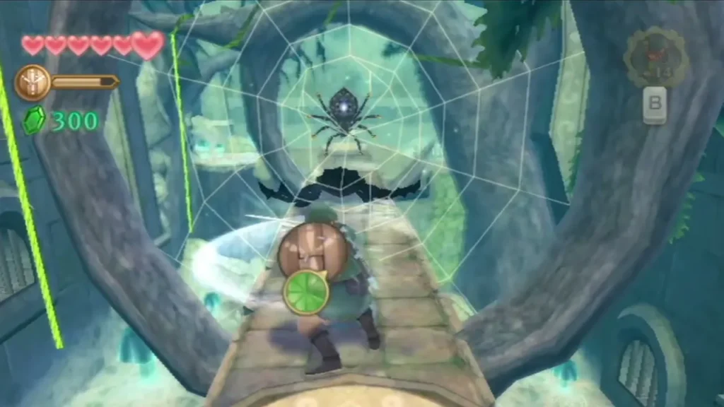 Link crosses a web-covered bridge while a giant spider waits above the path Link crosses a web-covered bridge while a giant spider waits above the path