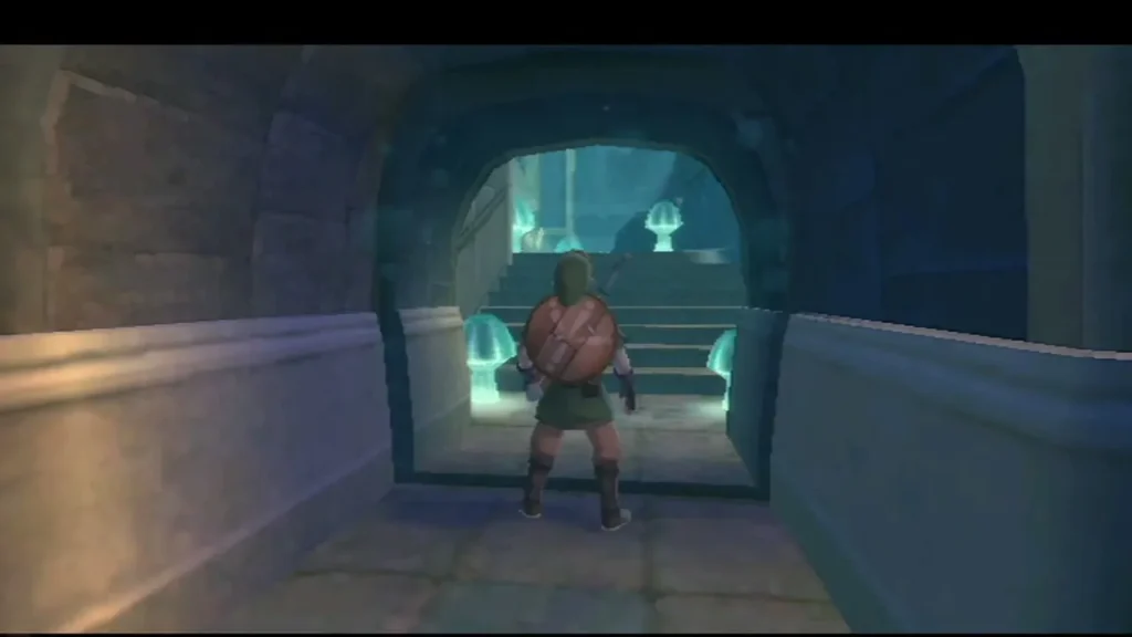 The ornate door opens onto a staircase lit by glowing mushrooms. The ornate door opens onto a staircase lit by glowing mushrooms.