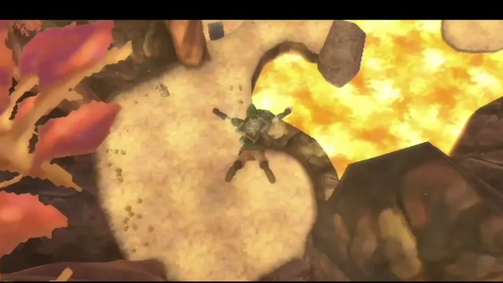 Link is on a pale ledge at Eldin Volcano, with glowing lava beside him. Link is on a pale ledge at Eldin Volcano, with glowing lava beside him.