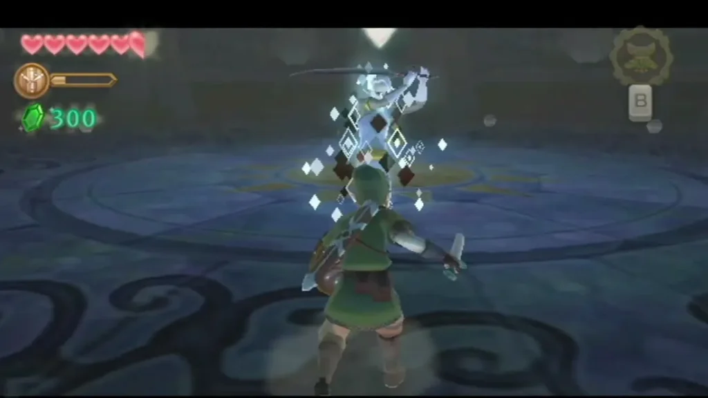 Ghirahim holds his blade high above Link as a burst of diamond shards surrounds them both. Ghirahim holds his blade high above Link as a burst of diamond shards surrounds them both.