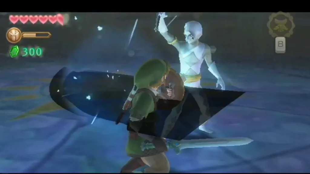 Link blocks a sword strike from Demon Lord Ghirahim in the temple arena. Link blocks a sword strike from Demon Lord Ghirahim in the temple arena.