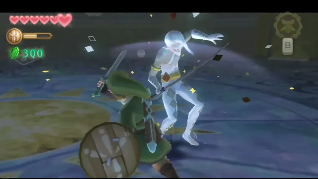 Ghirahim leaps with his sword as diamond shards scatter and Link swings back at him. Ghirahim leaps with his sword as diamond shards scatter and Link swings back at him.