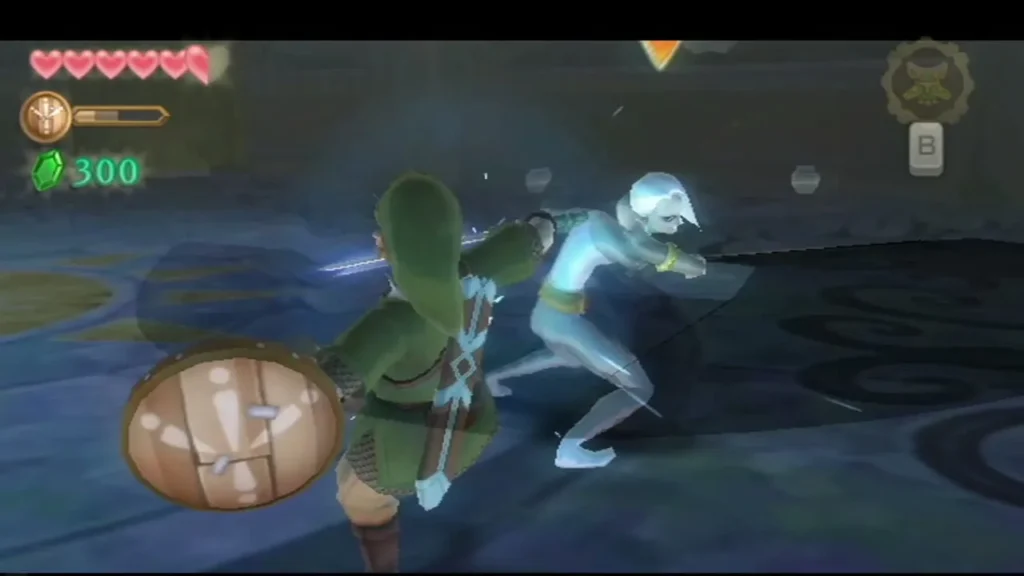 Ghirahim crouches beside Link and lunges with his blade as Link brings his shield up. Ghirahim crouches beside Link and lunges with his blade as Link brings his shield up.