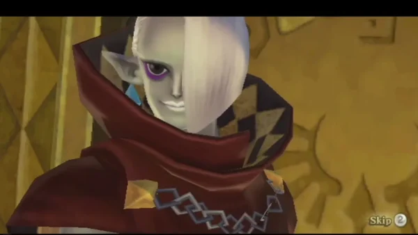 Ghirahim smiles in close-up in the golden chamber, his white hair falling over one purple-lined eye. Ghirahim smiles in close-up in the golden chamber, his white hair falling over one purple-lined eye.
