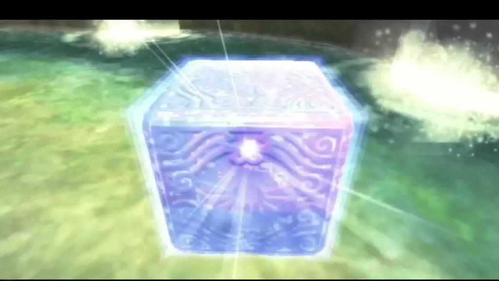A Goddess Cube glows blue and violet over the spring pool as it is struck. A Goddess Cube glows blue and violet over the spring pool as it is struck.
