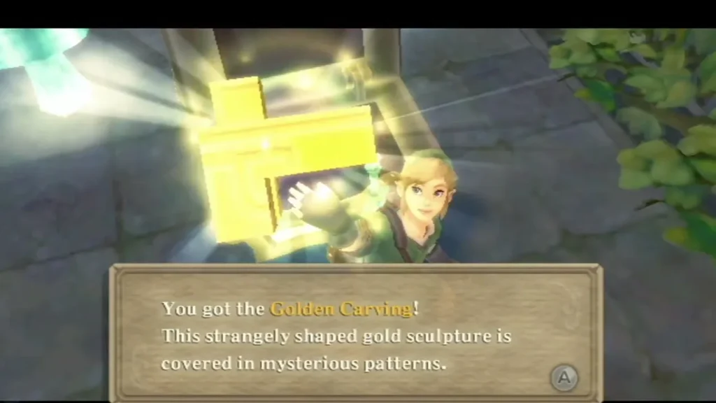 Link holds up the Golden Carving, and the item box reads that it is a strangely shaped gold sculpture. Link holds up the Golden Carving, and the item box reads that it is a strangely shaped gold sculpture.