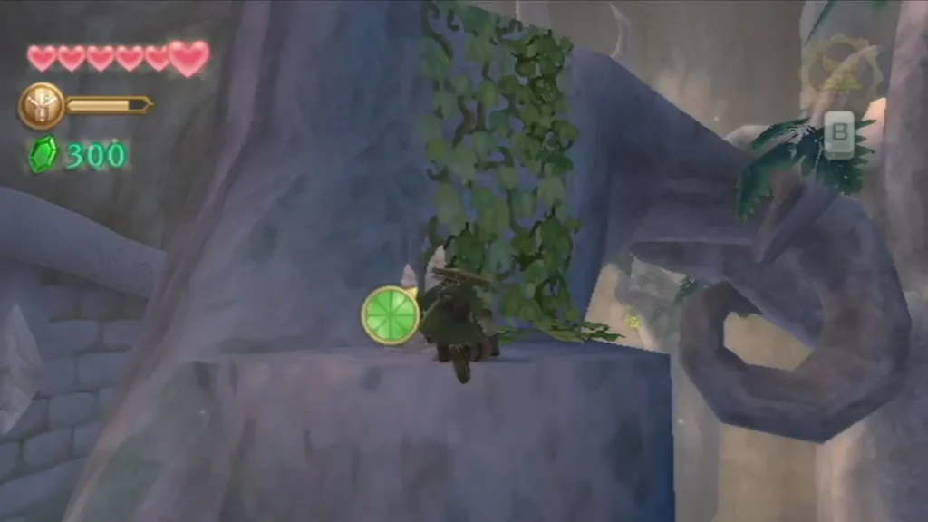 Link stands on a vine-covered stone ledge beside a curled branch and a crystal. Link stands on a vine-covered stone ledge beside a curled branch and a crystal.