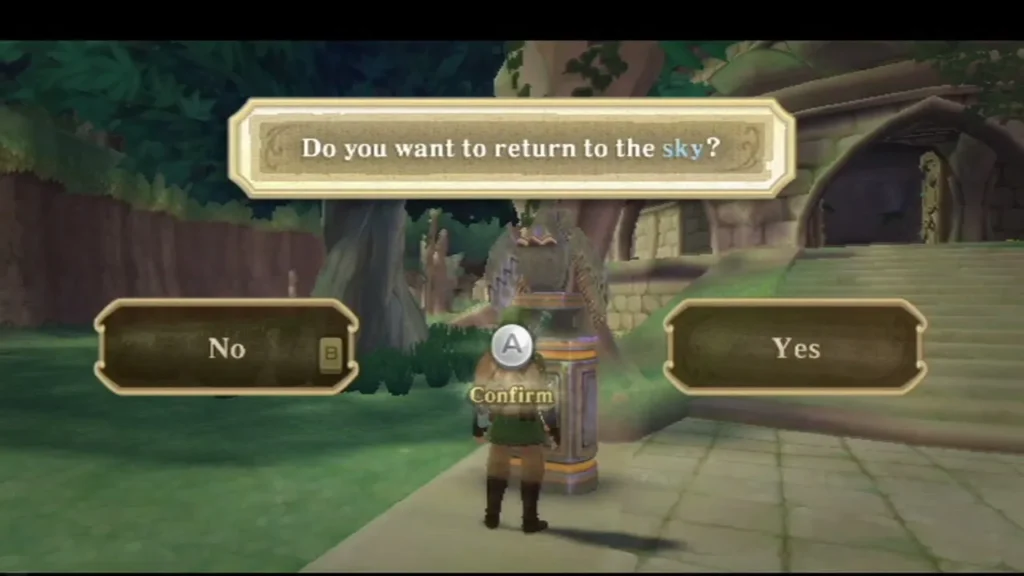 Link stands at the bird statue as a prompt asks whether he wants to return to the sky, with Yes and No. Link stands at the bird statue as a prompt asks whether he wants to return to the sky, with Yes and No.