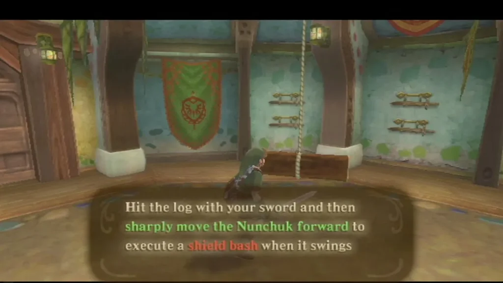 A sparring hall box explains the shield bash: swing the Nunchuk forward as the log swings. A sparring hall box explains the shield bash: swing the Nunchuk forward as the log swings.