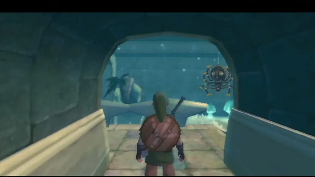 A Skulltula hangs from a thread in the hall beyond the Skyview Temple ruins. A Skulltula hangs from a thread in the hall beyond the Skyview Temple ruins.