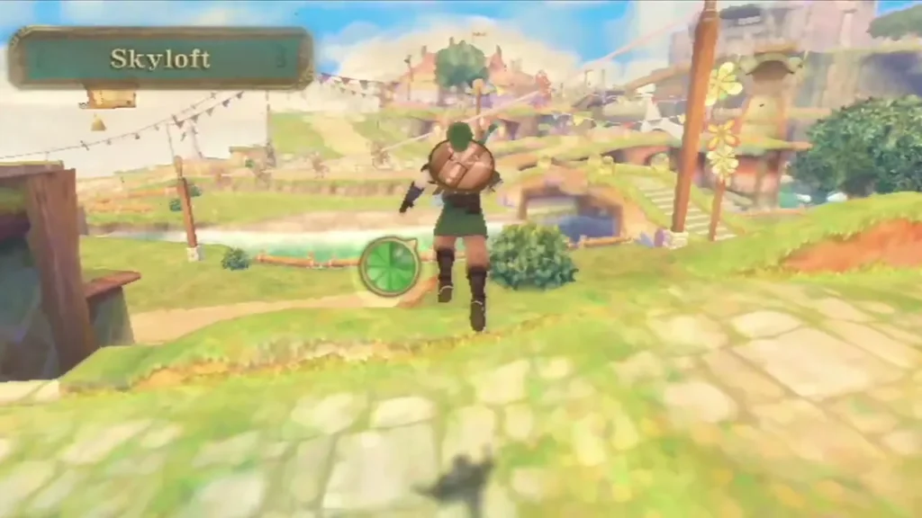 A Skyloft location banner appears as Link walks through the village after returning from the sky. A Skyloft location banner appears as Link walks through the village after returning from the sky.