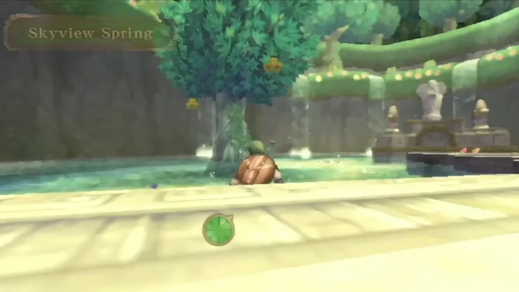 Link at the edge of the Skyview Spring pool, with its name banner at the top left and waterfalls behind. Link at the edge of the Skyview Spring pool, with its name banner at the top left and waterfalls behind.