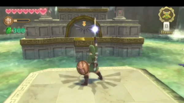 Link stands on the altar platform and strikes the wing emblem on the wall with a Skyward Strike. Link stands on the altar platform and strikes the wing emblem on the wall with a Skyward Strike.
