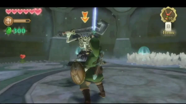 Link blocks the Stalfos overhead sword strike with his own blade in the ice-crystal arena. Link blocks the Stalfos overhead sword strike with his own blade in the ice-crystal arena.