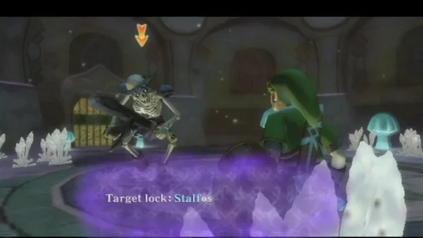 Stalfos skeleton in the ice-crystal arena, with the Target lock: Stalfos label on screen. Stalfos skeleton in the ice-crystal arena, with the Target lock: Stalfos label on screen.