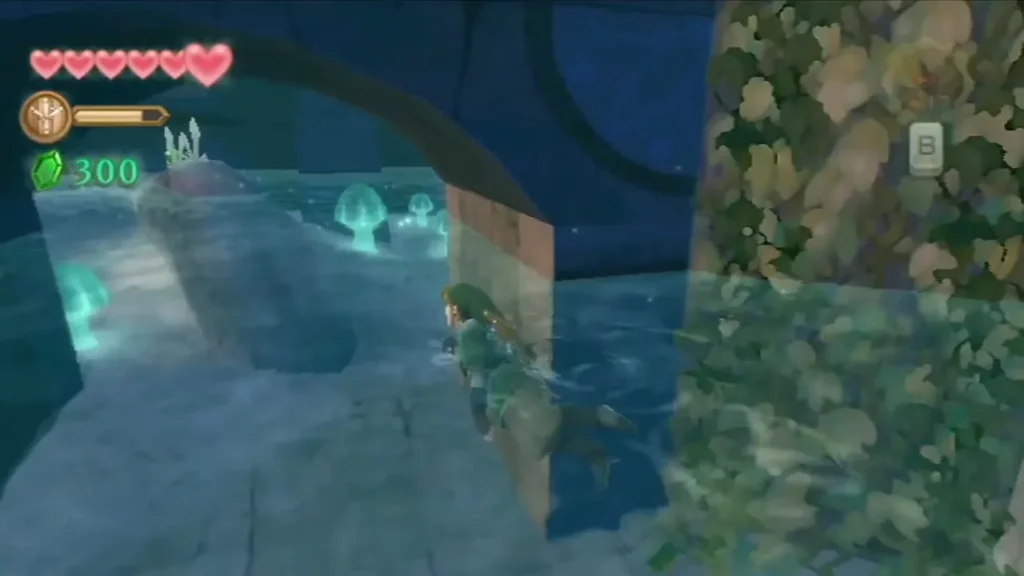 Link swims along a flooded passage toward a vine-covered wall in Skyview Temple Link swims along a flooded passage toward a vine-covered wall in Skyview Temple