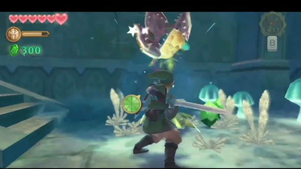 Link slashes the Baba plant, which recoils with a burst of sparks beside a green Rupee. Link slashes the Baba plant, which recoils with a burst of sparks beside a green Rupee.