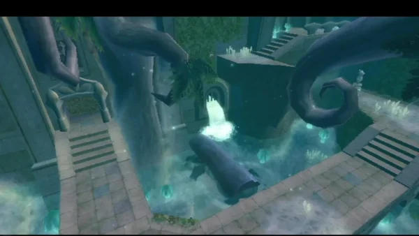 A waterfall pours into a pool beside stone stairs in the temple's central hall, with a fallen log in the water. A waterfall pours into a pool beside stone stairs in the temple's central hall, with a fallen log in the water.