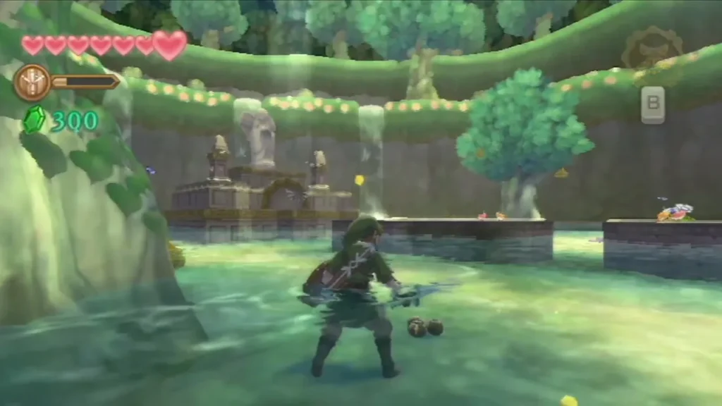 Link wades through the Skyview Spring pool toward the shrine and statue, with waterfalls down the cliff. Link wades through the Skyview Spring pool toward the shrine and statue, with waterfalls down the cliff.