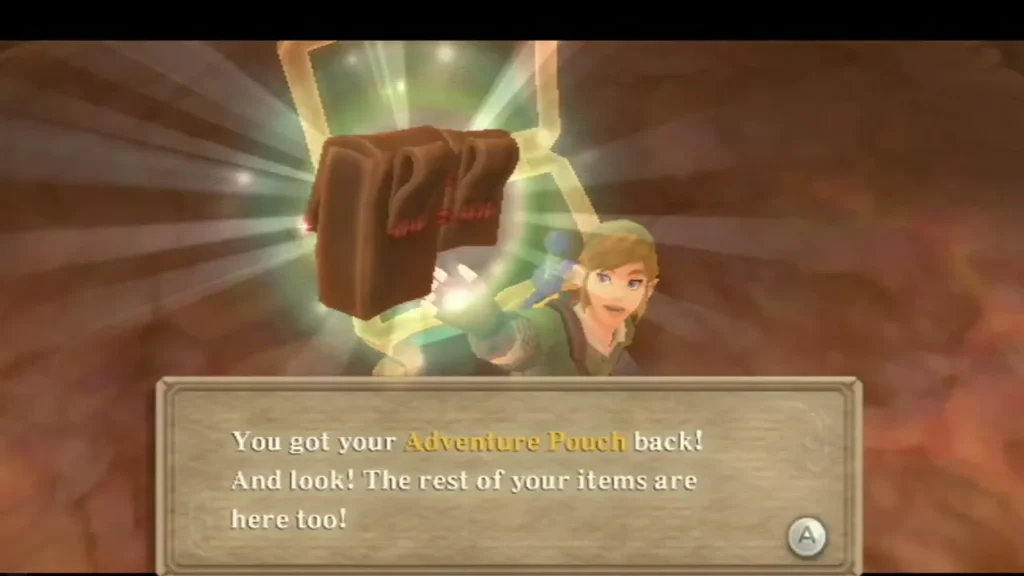 Link holds up his Adventure Pouch from a glowing chest, the box noting the rest of his items are here too