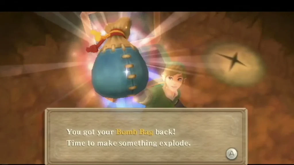 Link holds up the Bomb Bag, the box reading that it is time to make something explode.