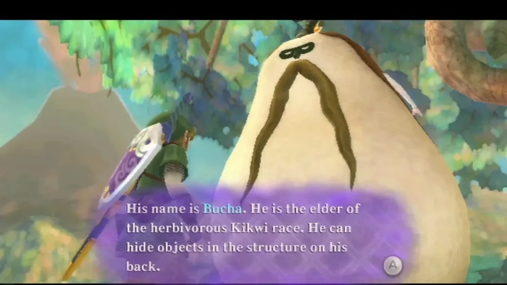 Bucha, the elder of the Kikwi, introduces himself and says he can hide objects in the structure on his back.