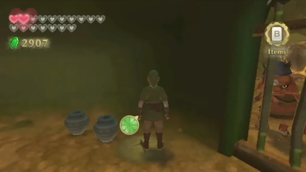 Link stands in a green cell beside two pots and a barrel, with a Bokoblin behind the bars.