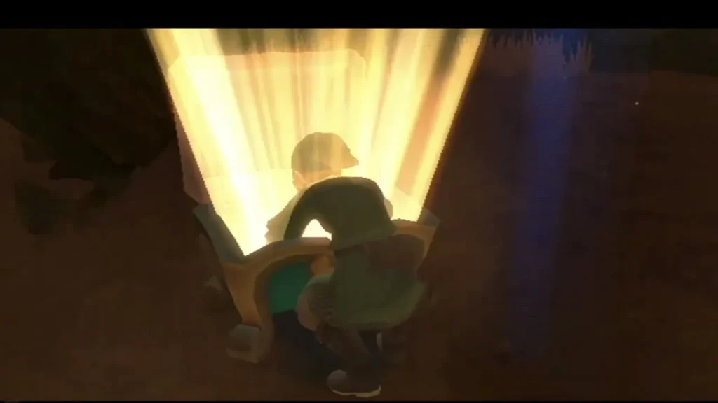 Link kneels before an open chest, and a bright light pours out of it in a dim cave.