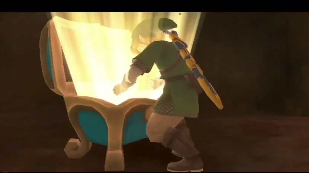 Link opens a cave chest in the Eldin Volcano, light pouring out of the lid