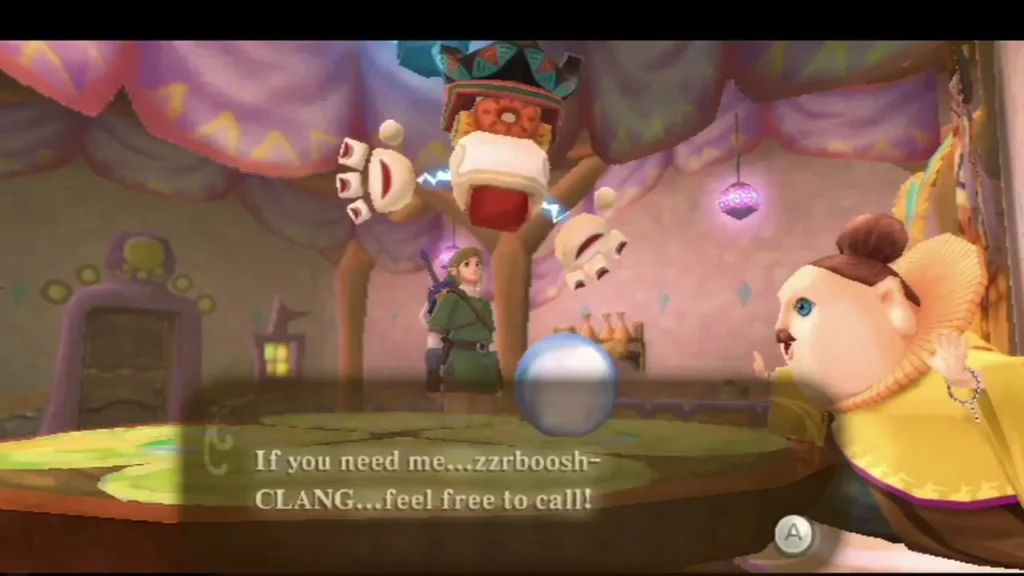 A crystal ball rests on the fortune-teller's table in the Skyloft Bazaar, a text box reading If you need me