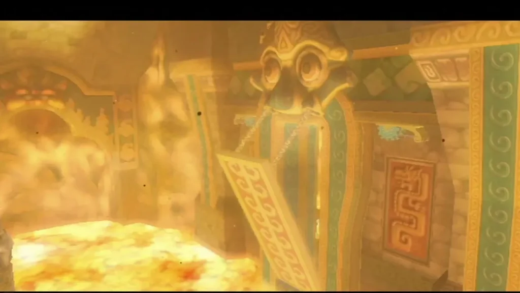 A drawbridge hangs on chains above the lava beside a carved golden gate in the Fire Sanctuary