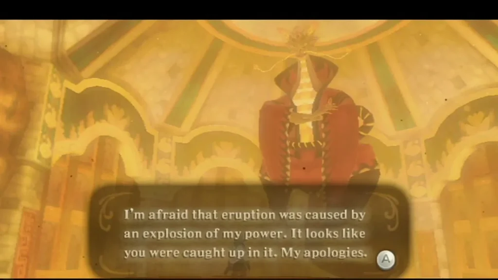 Red-robed Eldin sits in his golden hall, the box admitting the eruption was caused by an explosion of his power