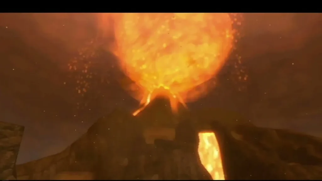Eldin Volcano erupts in a huge burst of fire and lava above the mountain.