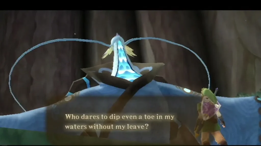 The Water Dragon rises before Link and asks who dares set a toe in her waters