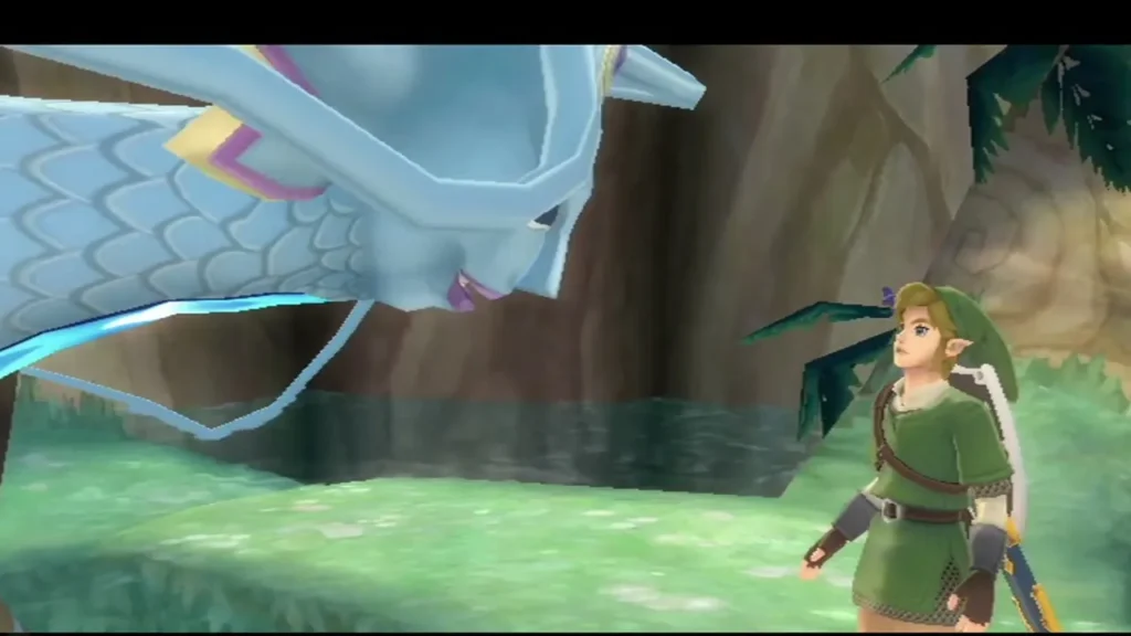 Faron, the Water Dragon, rises from the pool beside Link in the flooded forest.
