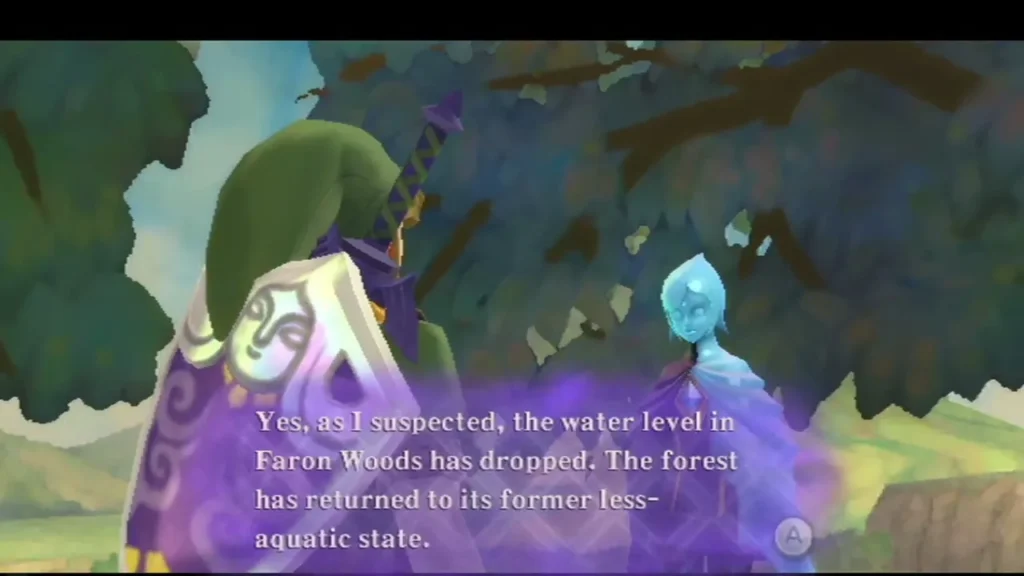 A robed guardian and a blue spirit stand in Faron Woods as a box says the water level has dropped.