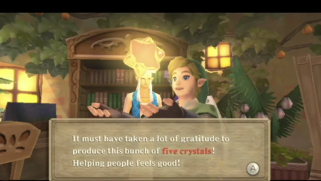 Owlan lifts a glowing bunch of five Gratitude Crystals beside Link, the box saying it took a lot of gratitude.