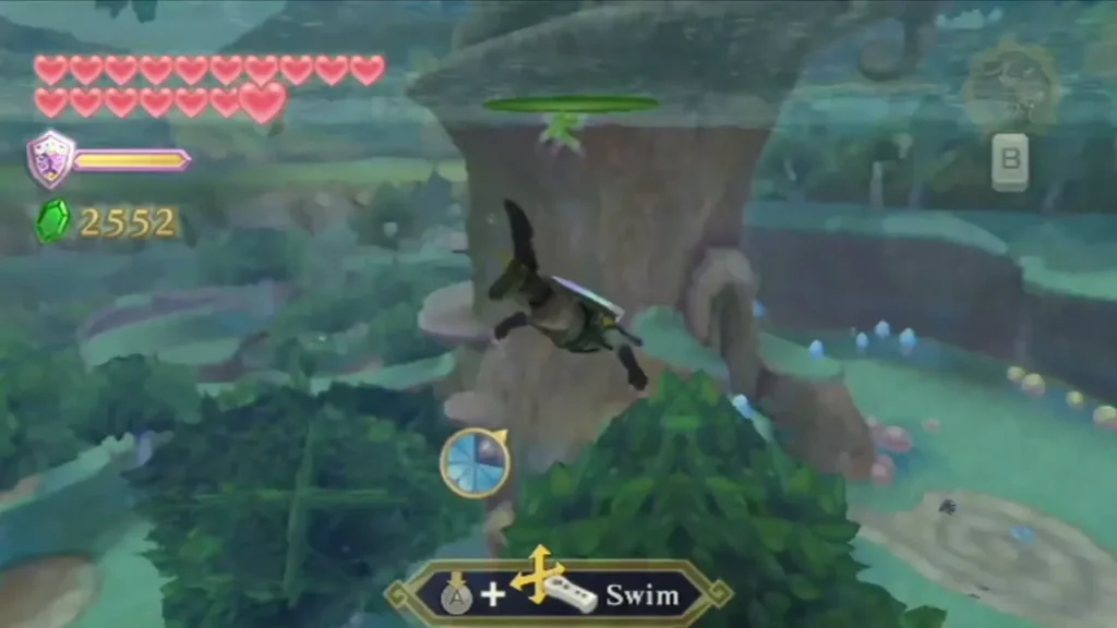 Link swims past a giant tree trunk in the flooded forest, with the Swim prompt on screen.