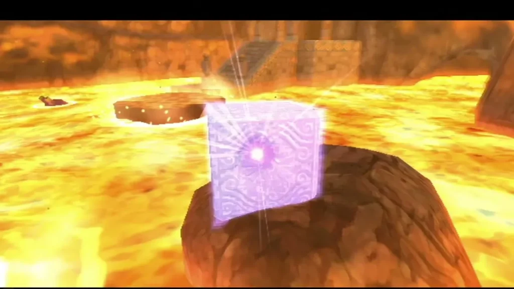 A glowing purple Goddess Cube sits on a rock in a lava pool.