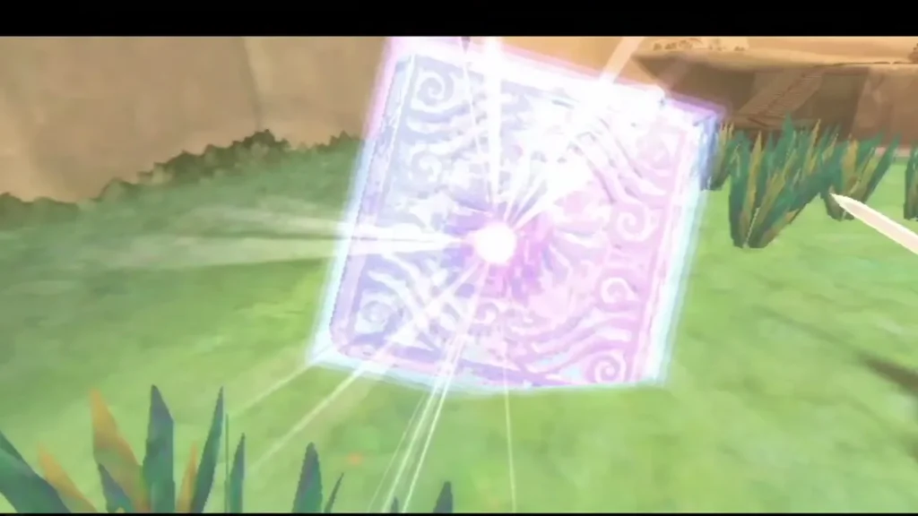 Link's sword strikes a Goddess Cube, which bursts with white light over the grass.