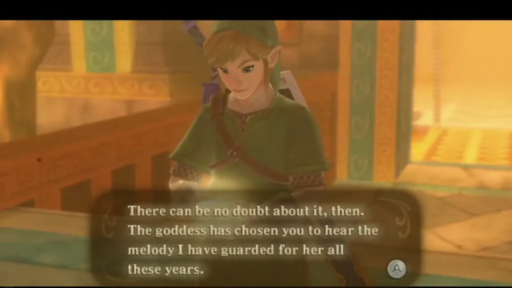 Link stands on the Fire Sanctuary stairs as the box reads that the goddess has chosen him to hear the melody