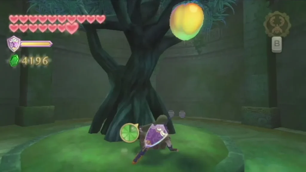Link runs past the Life Tree in the Sealed Temple grove, now grown tall with a glowing fruit in its branches