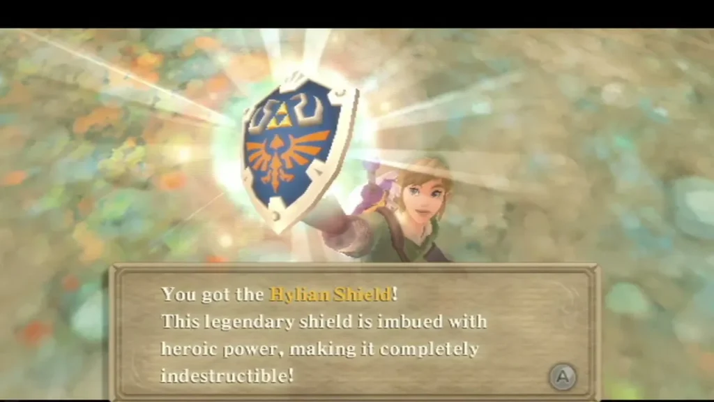 Link holds up the Hylian Shield, with the full item box saying it is completely indestructible.