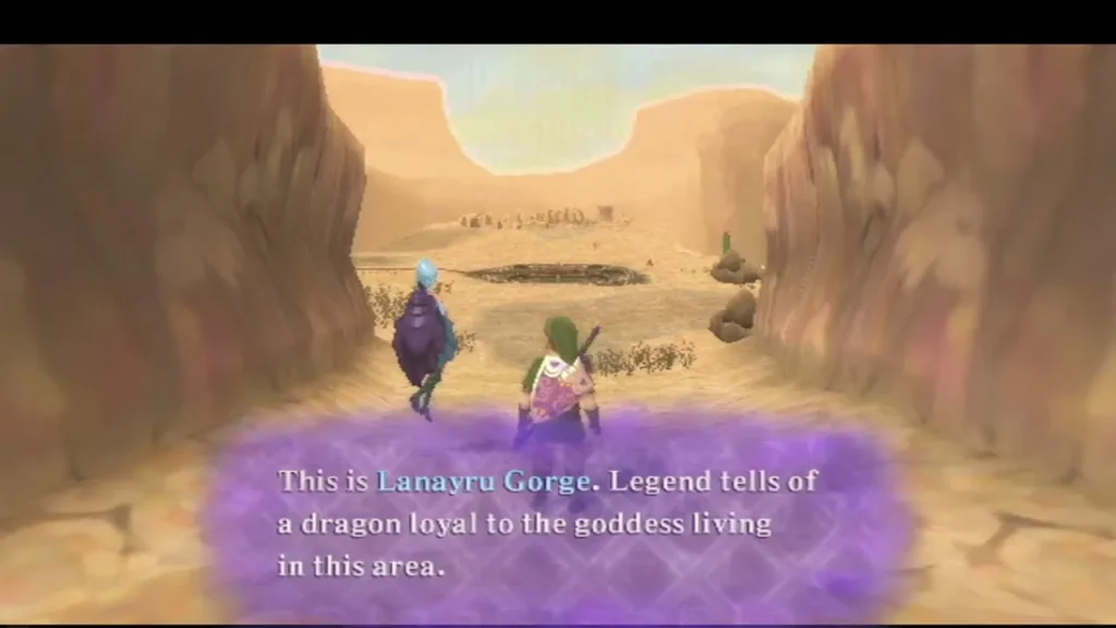Link and a blue spirit walk into a sandy canyon as a box reads: This is Lanayru Gorge. Legend tells of a dragon.