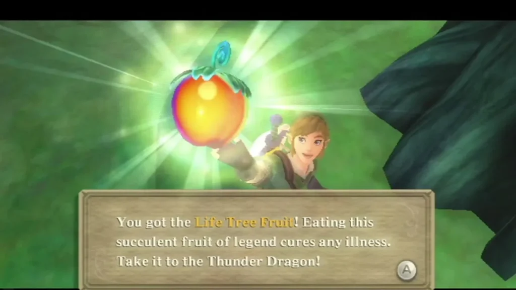 Link holds up the Life Tree Fruit, the box reading "Take it to the Thunder Dragon!" fully shown