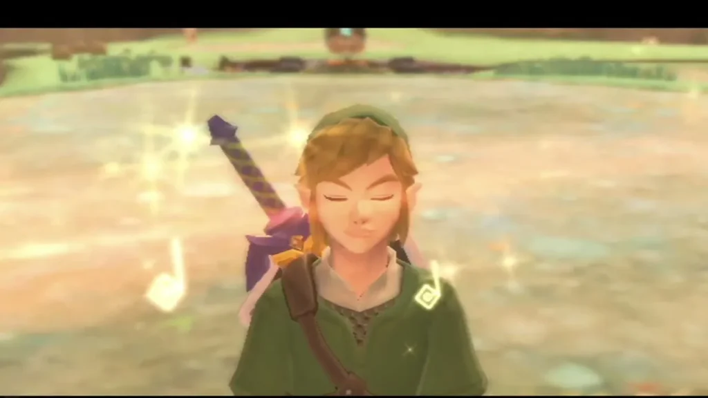 Link closes his eyes as golden music notes drift around him while he learns the dragon's verse