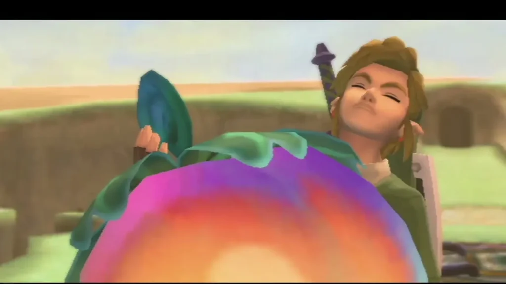 Link holds up the glowing Life Tree fruit for the Thunder Dragon